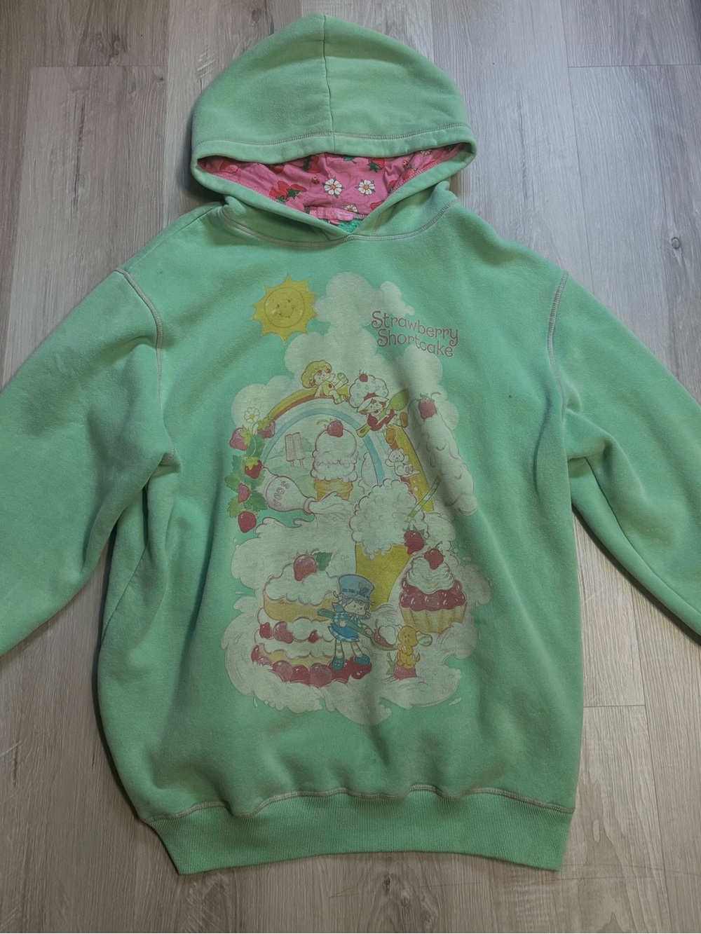 Dolls Kill Mint Green Strawberry Shortcake Hoodie with Pink Lined Hood